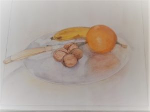 Isabelle Germain, Assiette de fruits, crayons de couleurs