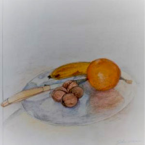 Isabelle Germain, Assiette de fruits, crayons de couleurs